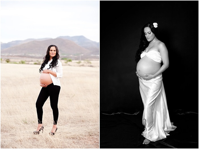 mujer embarazada, sesión de fotos, dos fotos.  Mujer en blusa blanca al aire libre, foto en blanco y negro con mujer en vestido blanco