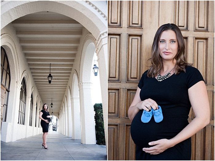 Hermoso díptico de fotos de maternidad de una mujer embarazada con un elegante vestido negro, sosteniendo botitas de bebé azul