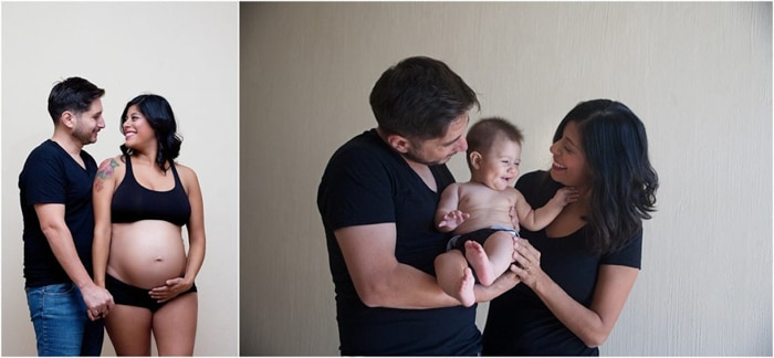 fotos de antes y después del embarazo.  A la izquierda, esposo y esposa embarazada, a la derecha, pareja sosteniendo a un bebé riendo entre ellos