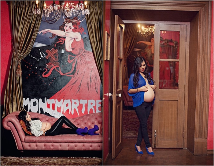 sesión de fotos temática de maternidad, dos fotos.  a la izquierda, una mujer con botas azules acostada en un sofá debajo de un gran cartel pintado en la pared.  A la derecha, mujer con una blusa azul brillante abierta, mirando su vientre