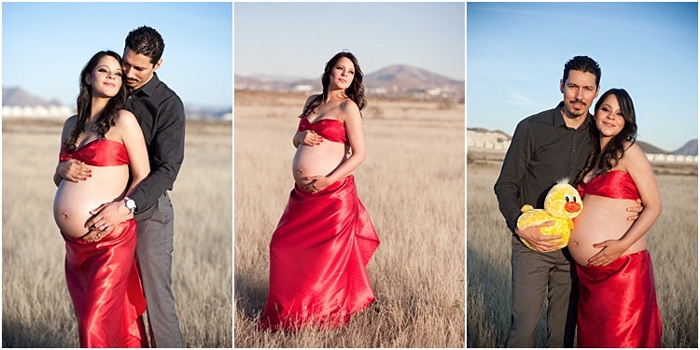 Sesión de fotos de maternidad al aire libre en un campo de hierba, tres fotos, mujer con vestido cruzado de satén rojo