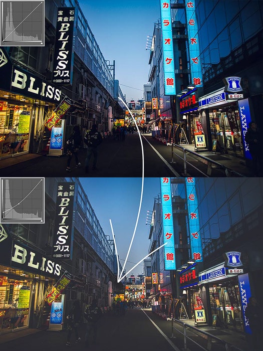 dos imágenes de una escena callejera por la noche, iluminadas con letreros publicitarios de neón, una editada con efecto mate en photoshop