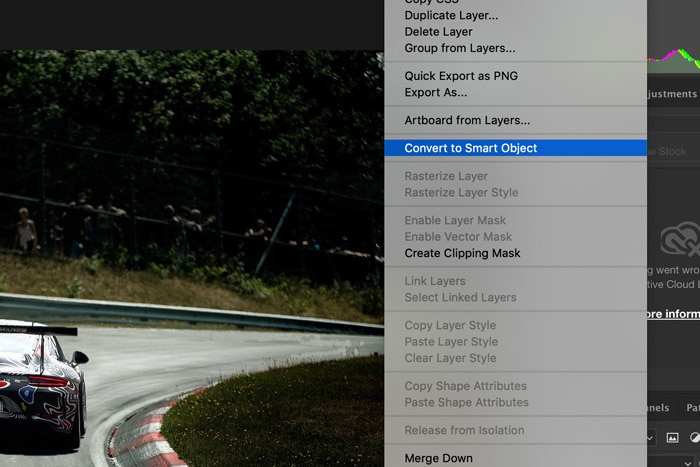 una captura de pantalla que muestra cómo agregar desenfoque de movimiento en Photoshop: convertir a objeto inteligente