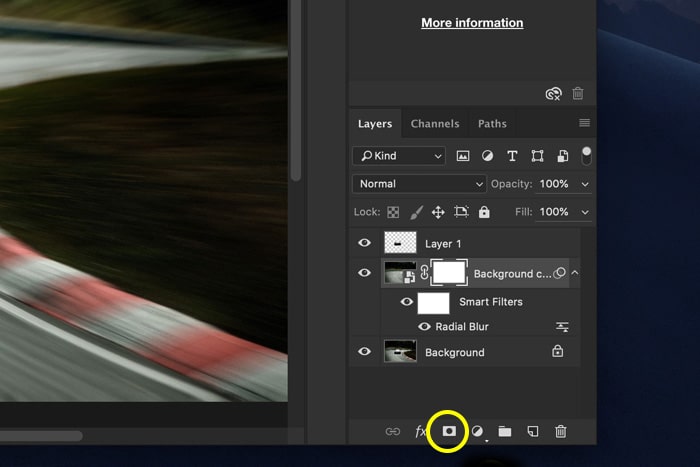 una captura de pantalla que muestra cómo agregar desenfoque de movimiento en Photoshop - desenfoque radial