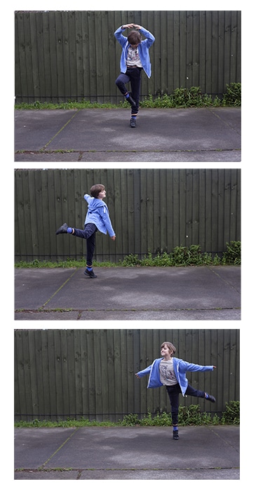 Cuadrícula de tres fotografías de una niña bailando al aire libre