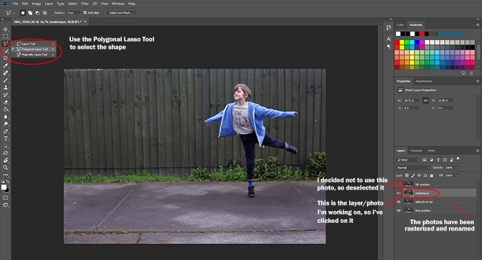 Captura de pantalla del uso de Photoshop para editar una foto de una niña bailando en una toma de fotografías multiplicidad