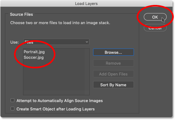Cargar las dos imágenes en Photoshop usando el comando Cargar archivos en la pila