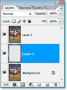 La paleta Capas de Photoshop muestra la nueva capa en blanco entre las dos capas iniciales.