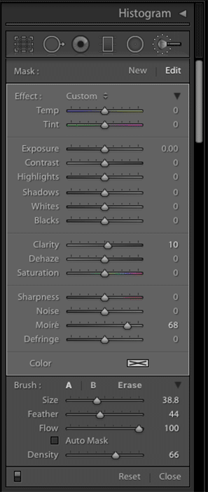una captura de pantalla que muestra cómo utilizar el pincel de ajuste de Lightroom para deshacerse de los patrones de Moiré