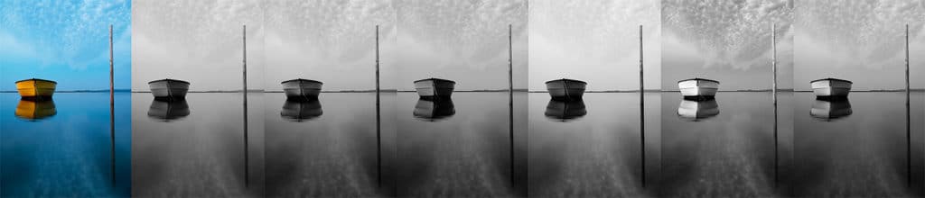 Imágenes de ejemplo de un barco en el agua con varios filtros de color aplicados