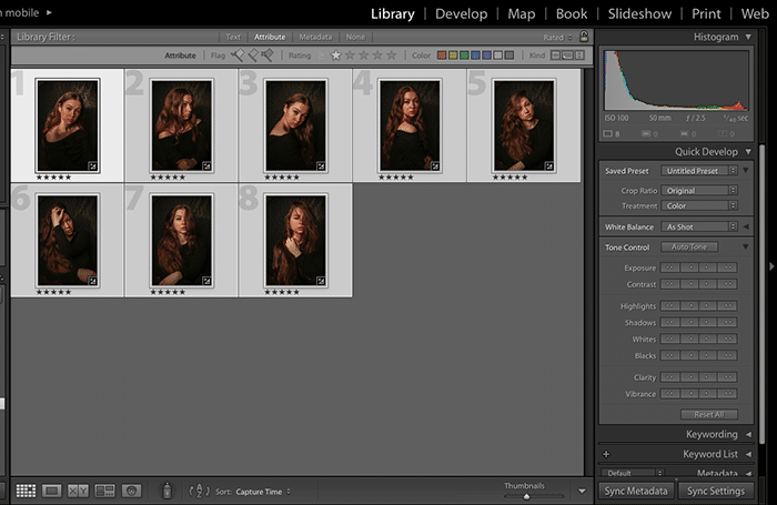 Captura de pantalla que muestra cómo aplicar ajustes preestablecidos de Lightroom a muchas imágenes a la vez