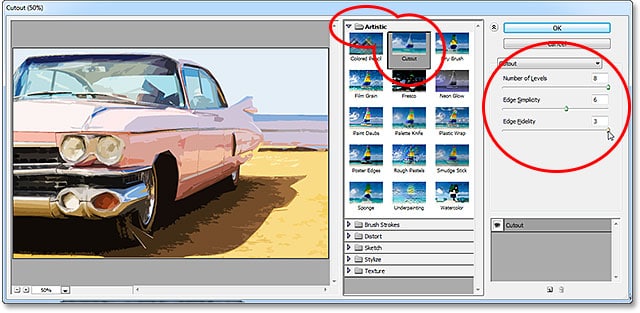 Las opciones de filtro Recorte en la Galería de filtros en Photoshop CS6.