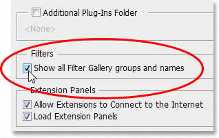 La opción Mostrar todos los grupos y nombres de la Galería de filtros en las preferencias de Photoshop.
