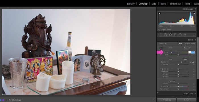 una captura de pantalla para ajustar el balance de blancos de una foto en Lightroom
