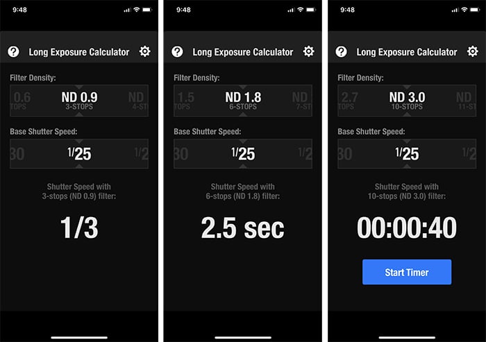 Captura de pantalla de la aplicación Long Exposure Calculator que muestra una velocidad de obturación de referencia de 1/25 de segundo y los cambios en la velocidad de obturación según el filtro ND que elija en la parte superior.