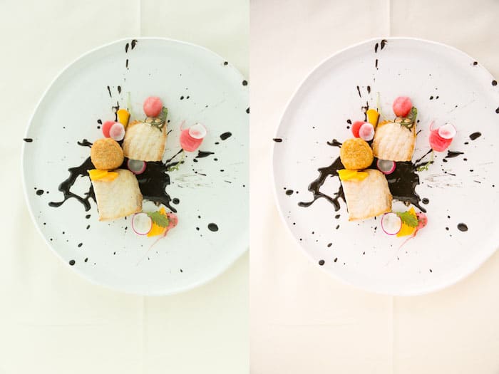 Díptico fotografía de comida de un plato blanco con un postre creativo, el mismo sujeto con distinta iluminación.