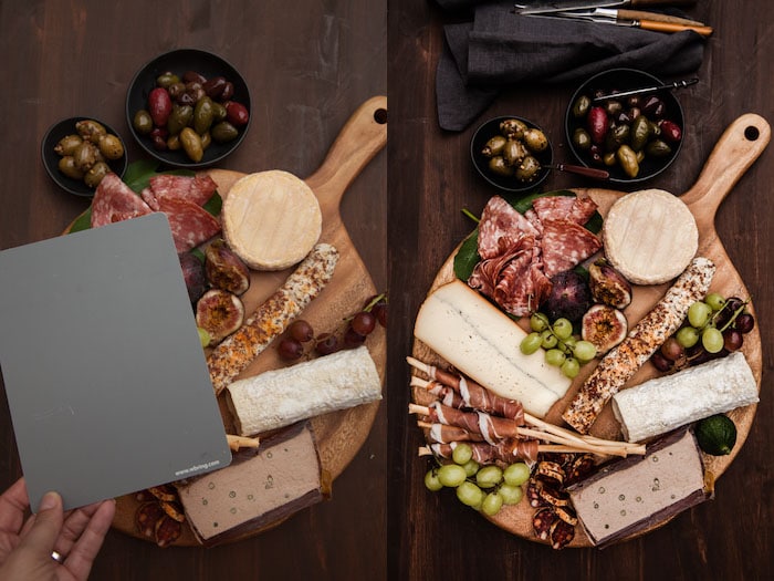 Díptico de un tablero de comida sobre una mesa de madera, demostrando disparar con una tarjeta gris.