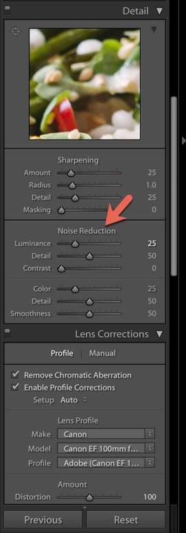 Captura de pantalla del uso de reducción de ruido en Lightroom