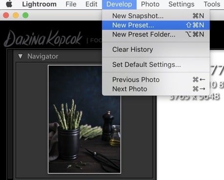 Captura de pantalla de guardar ajustes preestablecidos en Adobe Lightroom.