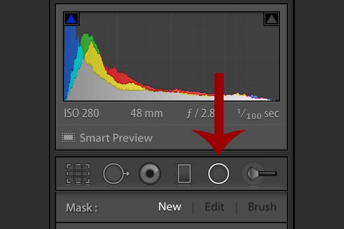 Una captura de pantalla que muestra cómo utilizar la herramienta de filtro radial de Lightroom