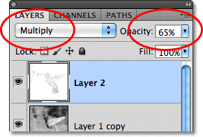 El modo de fusión y las opciones de opacidad en el panel Capas de Photoshop.