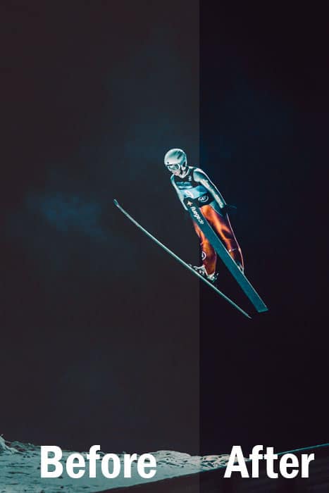 un retrato nocturno de un esquiador en salto medio, pantalla dividida que muestra antes y después de la edición con los ajustes preestablecidos de deportes de Lightroom