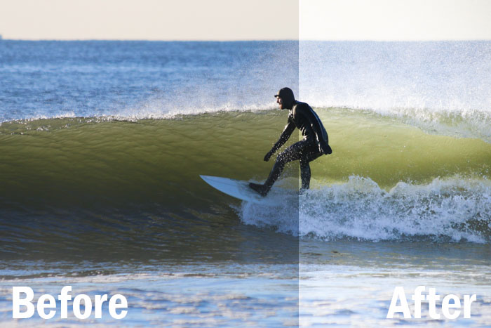 un retrato de un surfista montando una ola, pantalla dividida que muestra antes y después de editar con los ajustes preestablecidos de deportes de Lightroom