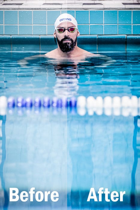 un retrato de un nadador profesional en una piscina, pantalla dividida que muestra antes y después de la edición con ajustes preestablecidos de deportes de Lightroom