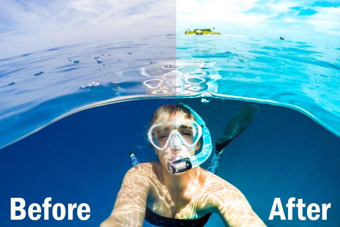 Toma de acción de un buceador bajo el agua, pantalla dividida que muestra antes y después de la edición con los ajustes preestablecidos de deportes de Lightroom