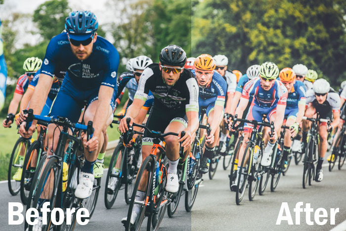 Toma de acción de ciclistas durante una carrera, pantalla dividida que muestra antes y después de la edición con ajustes preestablecidos de deportes de Lightroom