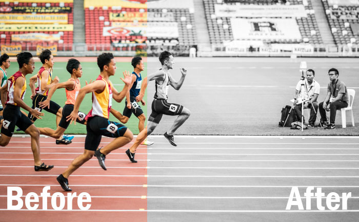 Toma de acción de corredores durante una carrera, pantalla dividida que muestra antes y después de la edición con ajustes preestablecidos de deportes de Lightroom