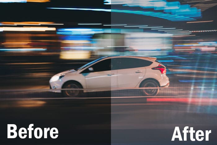 Toma de acción de un automóvil a alta velocidad por la noche, pantalla dividida que muestra antes y después de la edición con ajustes preestablecidos de deportes de Lightroom