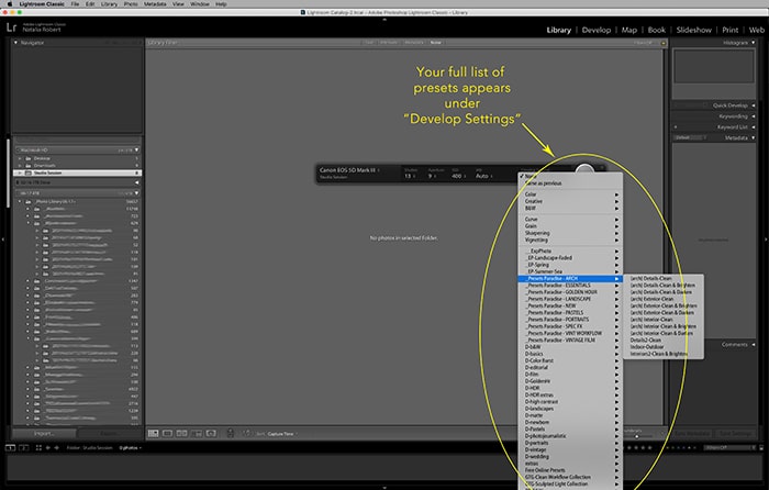 Captura de pantalla ilustrativa de las opciones en la pestaña "Configuración de desarrollo" en Lightroom