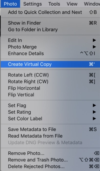 Captura de pantalla de la opción de copia virtual de Lightroom 