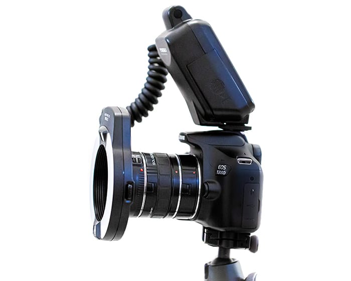 una Canon DSLR en un trípode equipado con tubos de extensión para fotografía macro