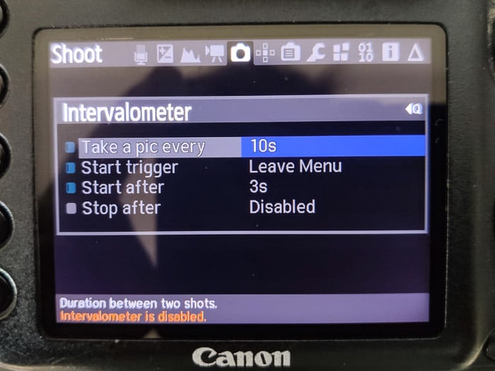 Configuración del intervalómetro de Magic Lantern en la pantalla Canon DSLR