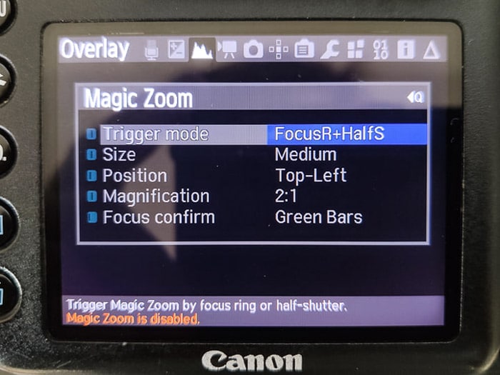 Configuración de Magic Lantern 'Zoom mágico' en la pantalla Canon DSLR