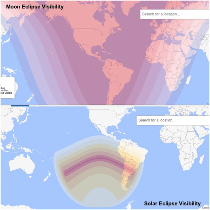 Comparación entre la visibilidad mundial de un eclipse lunar típico (arriba) y un eclipse solar (abajo).