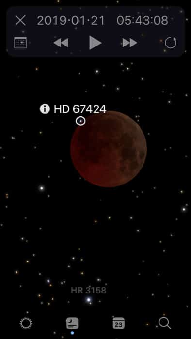 Una captura de pantalla de la comprobación de la luna con la aplicación Sky Guide