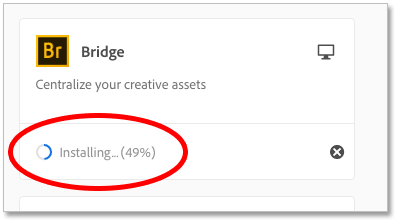 El indicador de progreso de la instalación de Adobe Bridge