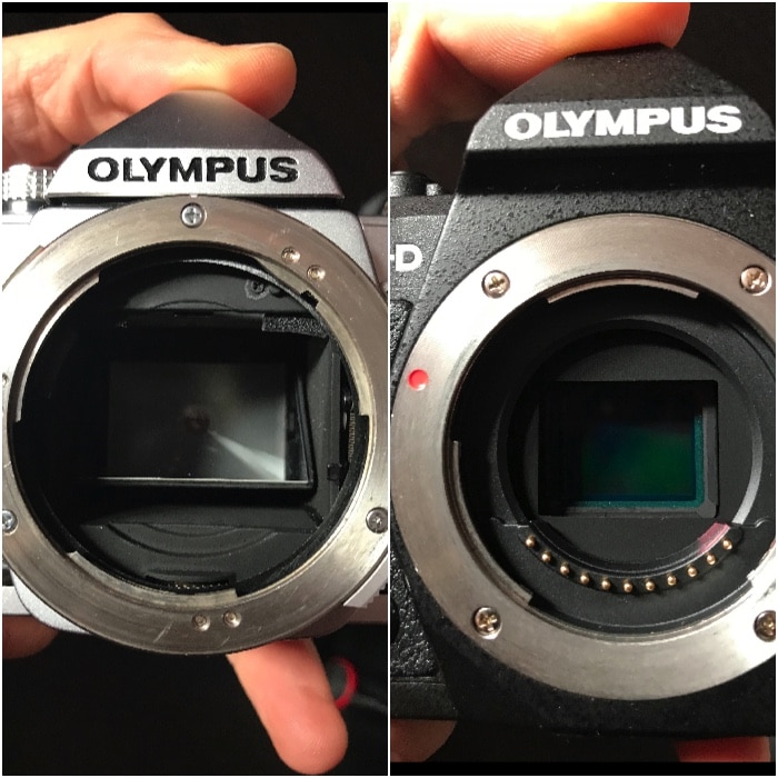 Díptico que muestra el espejo de la cámara SLR Olympus OM-1 (izquierda).  A la derecha no hay espejo presente el interior de la moderna cámara sin espejo Olympus OM-D EM-5 Mk ii