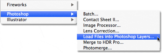 El comando Cargar archivos en capas de Photoshop en Adobe Bridge CS5.