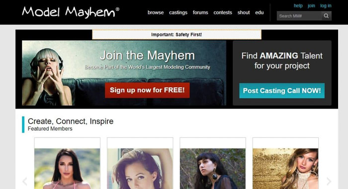 Captura de pantalla del sitio web de model mayhem