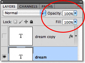 Las opciones de Opacidad y Relleno en el panel Capas en Photoshop.