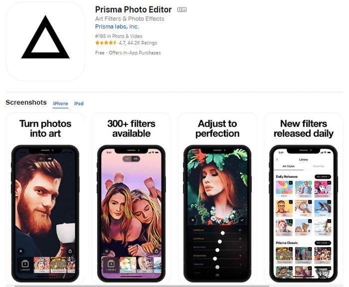 Captura de pantalla de la aplicación de edición de fotos Prisma para convertir fotos en pinturas