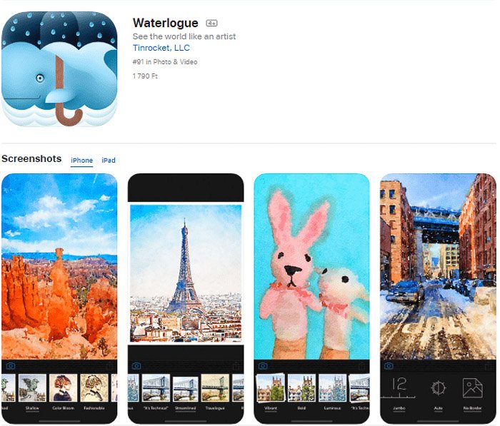 Captura de pantalla de la aplicación Waterlogue que convierte fotos en arte