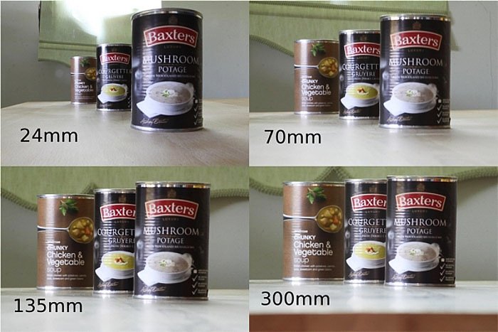 Cuatro fotos de tres latas tomadas con diferentes lentes de distancia focal