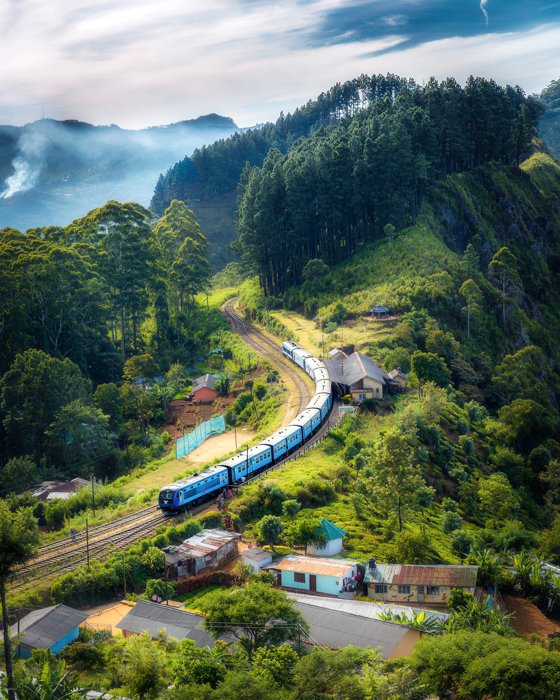 Foto de viaje de un tren en movimiento a través de un paisaje sereno