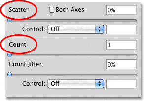 Las secciones Scatter y Count para la dinámica Scattering brysh en Photoshop. 