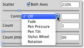 La opción Control en la sección Dispersión del panel Pinceles en Photoshop. 